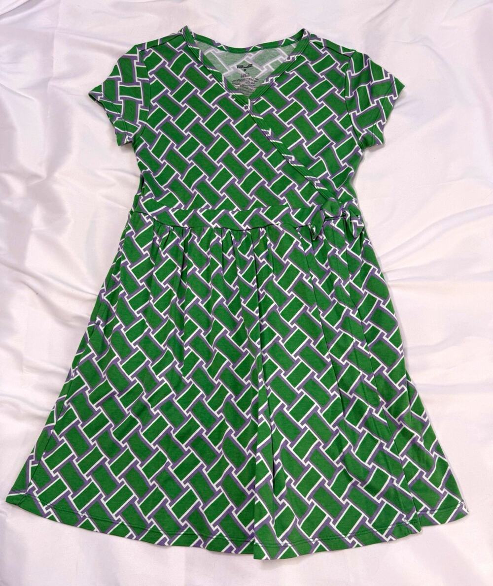Diane Von Furstenberg Green Geometric V-Neck A-Line Jersey Dress L 10/12